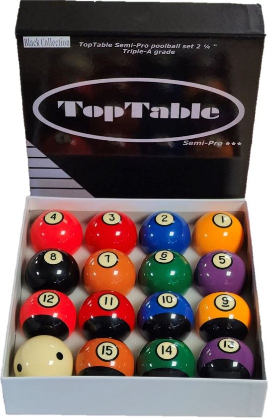 TopTable Poolballen Super A-Grade BLK 57,2mm - Set Semi-Professionele Poolballen met zwarte kenmerken & Dotted Cueball van T