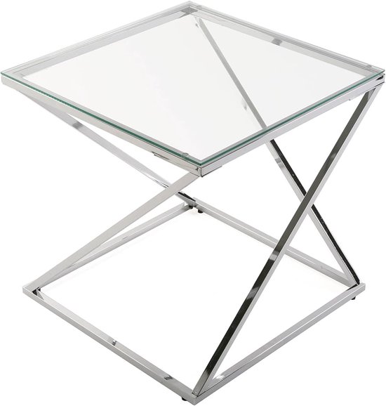 Trento Bijzettafel voor woonkamer, slaapkamer of keuken. Moderne Salontafel, Afmetingen (H x B x H) 51 x 51 x 51 cm, Glas en Metaal, Kleur Zilver