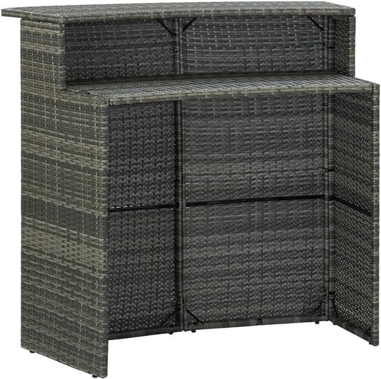 Tuinbartafel, grijs, 120 x 55 x 110 cm, van PE-rotan met 2 legplanken, gepoedercoat stalen frame en weerbestendig polyrotan voor buiten