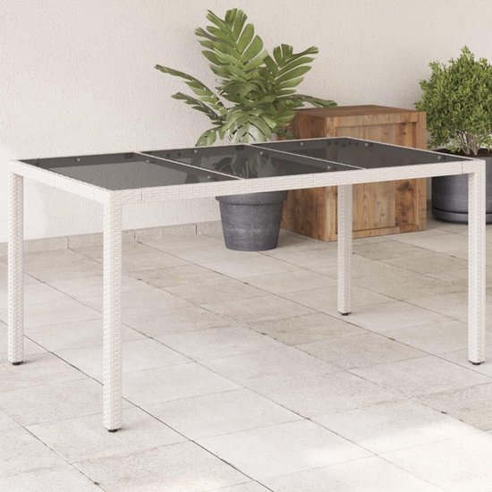 Tuintafel, 150 x 90 x 75 cm, met glasplaat, wit, voor terras, tuin of achtertuin, stabiel gepoedercoat stalen frame, onderhoudsvriendelijk PE-rotan