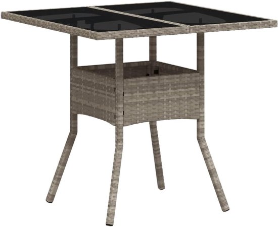 Tuintafel, 80 x 80 x 75 cm, met lichtgrijze glasplaat, voor terras, tuin en achtertuin, stabiel gepoedercoat stalen frame, onderhoudsvriendelijk PE-rotan