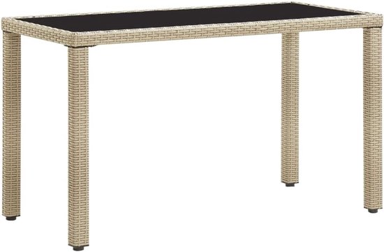 Tuintafel, beige, 123 x 60 x 74 cm, met glazen tafelblad en stalen frame, waterdichte PE rotan eettafel voor terras en veranda