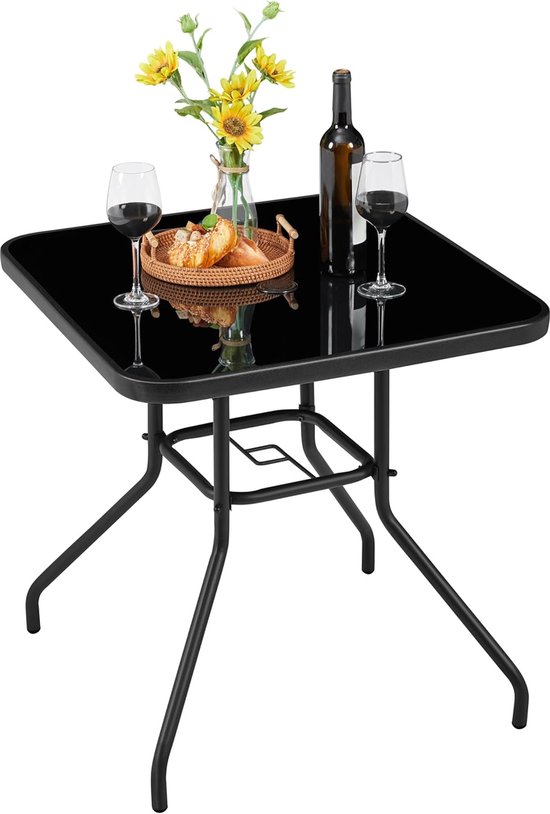 Tuintafel, bijzettafel van glas en metaal, bistrotafel met paraplugat, koffietafel, onderhoudsvriendelijke terrastafel, weerbestendig, 70 cm x 70 cm, zwart