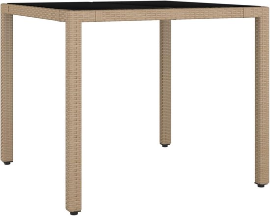 Tuintafel met glasplaat, tuineettafel, terrastafel, balkontafel, tuinmeubelen, buffettafel, campingtafel, bijzettafel, salontafel, partytafel voor tuin, beige, polyrotan en gehard glas