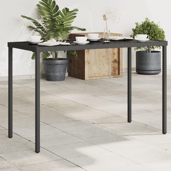 Tuintafel met glasplaat, zwart, 115 x 54 x 74 cm, polyrotan PE-vlechtwerk, stalen frame voor terras, tuin, buiten