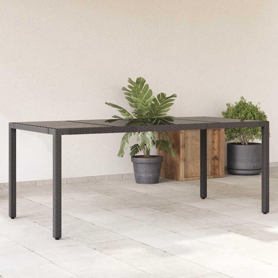 Tuintafel met glasplaat, zwart, 190 x 90 x 75 cm, polyrotan, rechthoekige tuintafel van PE-rotan en gepoedercoat stalen frame, robuust gehard glas, onderhoudsvriendelijk