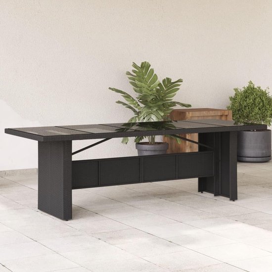 Tuintafel met glasplaat, zwart, 240 x 90 x 75 cm, polyrotan PE-vlechtwerk, stalen frame voor terras, tuin, buiten