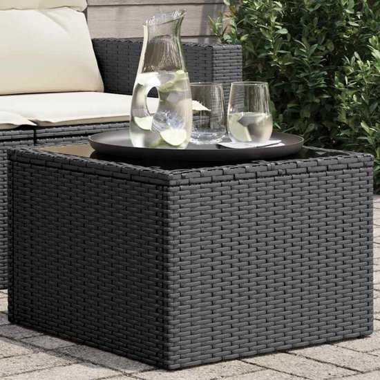 Tuintafel met glasplaat, zwart, 55 x 55 x 37 cm, polyrotan