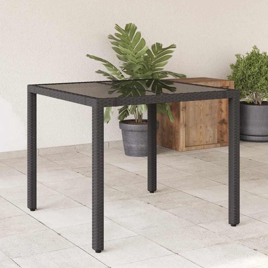 Tuintafel met glasplaat, zwart, 90 x 90 x 75 cm, polyrotan PE-vlechtwerk, stalen frame voor terras, tuin, buiten