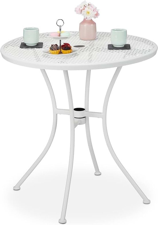 Tuintafel, met parasolgat & stop, gaas design, stevig staal, HxØ: 72 x 70 cm, ronde balkontafel, buiten, wit