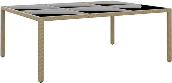 Tuintafel van polyrotan met glasplaat van gehard glas, 200 x 150 x 75 cm, beige, robuust stalen frame, onderhoudsvriendelijk en weerbestendig, voor terras en tuin