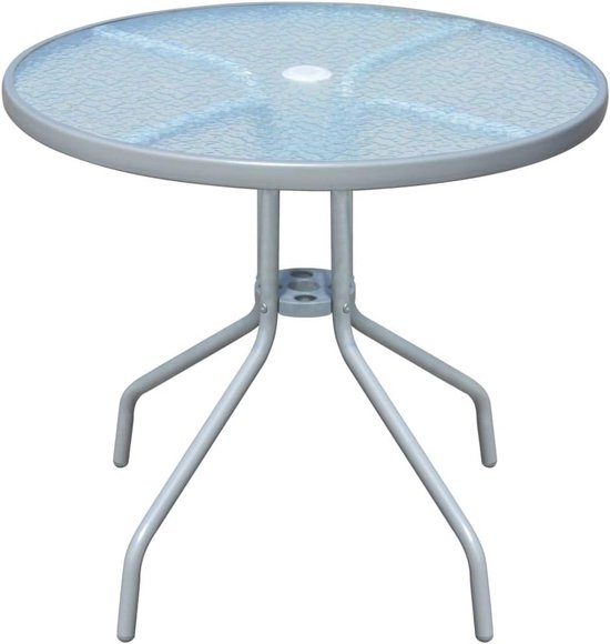 Tuintafel van staal met geribbelde glasplaat, grijs, 80 x 71 cm, inclusief parasolgat voor terras, balkon, tuin