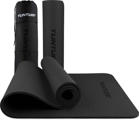 Tunturi Yoga Mat 8mm - Pilates mat - Extra dikke fitness mat - 183x61x0,8 cm - Incl Draagtas - Ecologisch materiaal - Eenvoudig te reinigen - Zwart van Tunturi