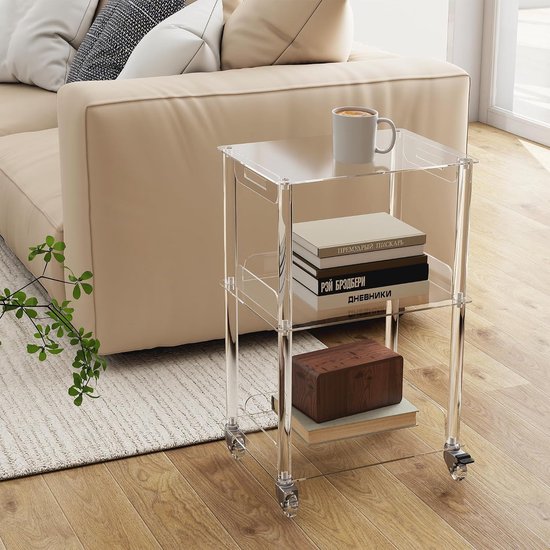 uyoyous Acryl bijzettafel, transparant, tafel met 3 legplanken, nachtkastje | 40 x 30 x 61 cm met wieltjes, armleuningen, kleine salontafel, mobiel voor woonkamer, slaapkamer