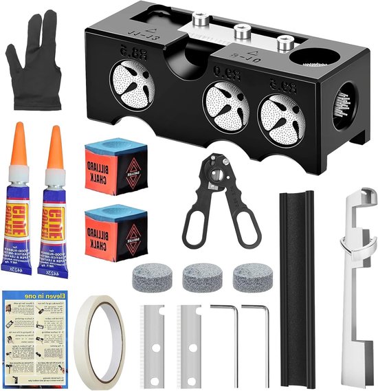 Veelzijdige 11-in-1 Pool Cue Tip Shaper en Vervangingsset voor Billiard Sticks met 11 Onderdelen, Ideaal voor Pool Cue Onderhoud en Reparatie