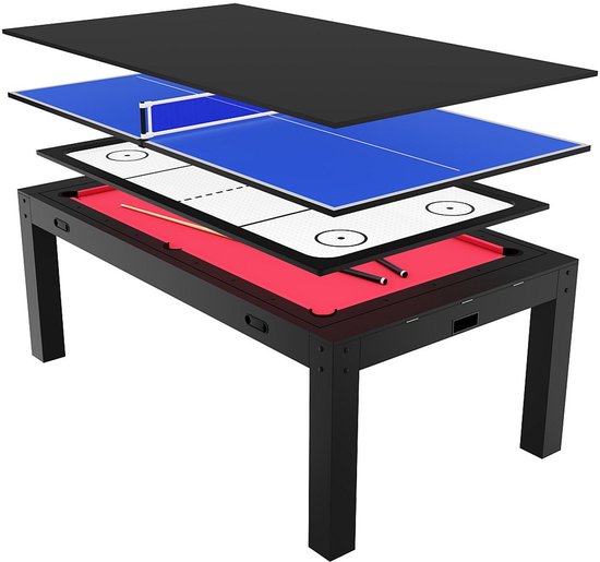 Vente-unique Transformeerbare tafel 4-in-1 - Biljart & Tafeltennis & Airhockey - Zwart - 213 x 121 x 81.2 cm - GRAYSON