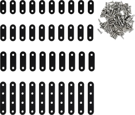 Verbindingsstukken, zwart, 40 stuks, roestvrij staal, meubelverbindingsset met 100 schroeven en bits, houtverbinders, metalen gatenplaat voor reparaties en meubelversterkingen