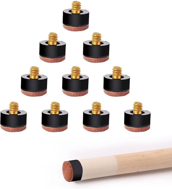 Verpakking met 10 biljartkeu-koppen van 12 mm, inclusief zachte/harde schroefdraadkopvervangingen of witte nylon biljartkeu-koppen.