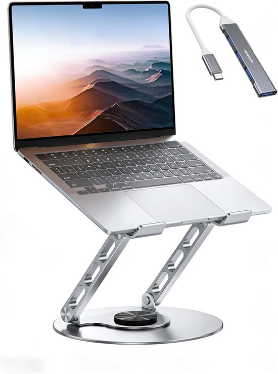 Verstelbare 360° Laptop Stand van Metaal, Ergonomische Notebook Houder met Dubbele Steun voor Desk, Geschikt voor Laptops tot 17.3 Inch, Ideaal voor Thuis en Kantoorgebruik
