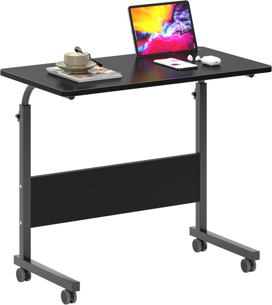 Verstelbare bijzettafel met wieltjes, voor laptop, met sleuf voor tablet en mobiele telefoon, bed, bank, lezen en telewerken, 80 x 40 cm