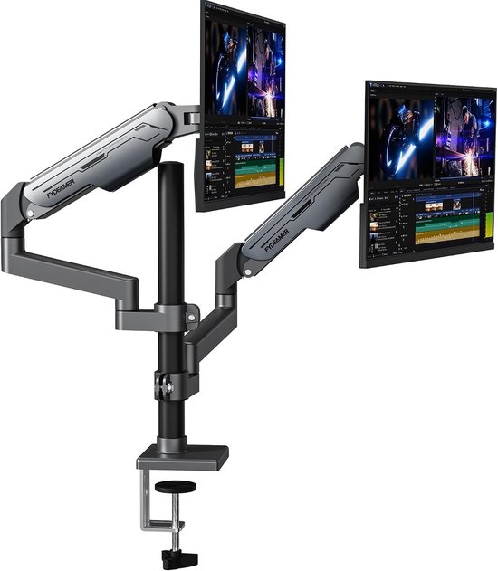 Verstelbare Dubbele Monitorarm voor 17-32" Schermen, Zware Gasveer Bureauhouder tot 9kg, VESA Compatibel in Donkergrijs