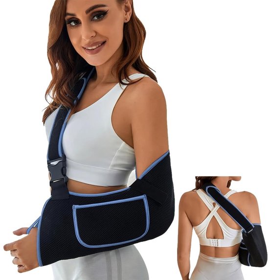 Verstelbare Elleboogsteun met Opbergtas voor Arm en Schouder, Ideaal bij Tendinitis en Blessures, Geschikt voor Mannen en Vrouwen, Blauw-Zwart