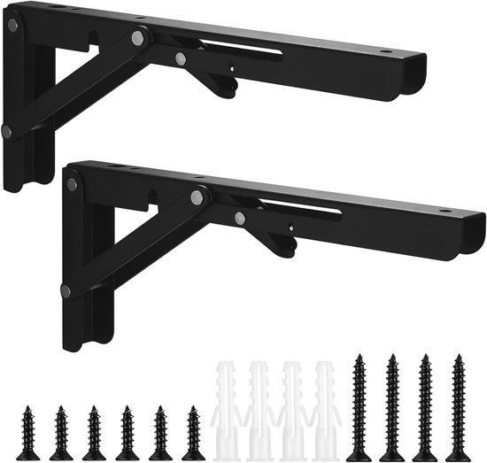 Verstelbare en Vouwbare Wandplank Steunen, 2 Stuks, Zware Kracht, Ideaal voor Muurplanken, Tafelplanken en Triangulaire Steunen, Zwart, Maximale Draagcapaciteit 80 kg