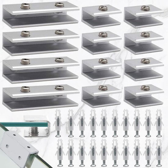 Verstelbare Glashouders 12 Stuks, Aluminium Leggers voor Glazen Planken, Steunen voor Raam, Balustrade en Badkamer (inclusief 16 Schroeven)