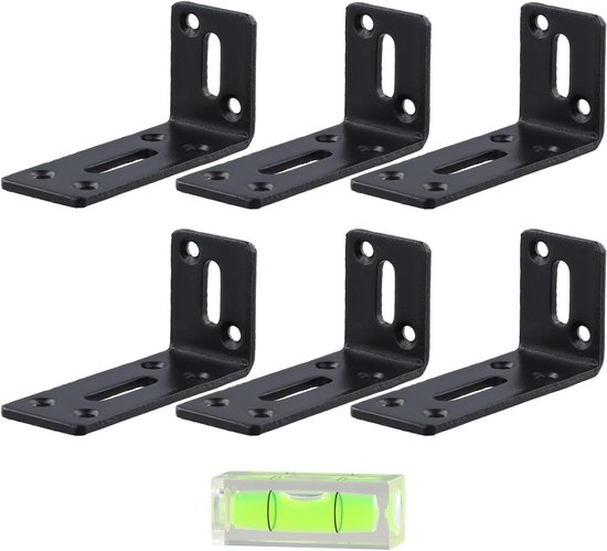 Verstelbare Hoeksteunen voor Planken, 6 Stuks, 90 Graden L-vormige Steunen met Waterpas, 60 kg Draagvermogen, Ideaal voor Plankmontage en Kastondersteuning, Afmetingen 8 x 4 x 3 cm
