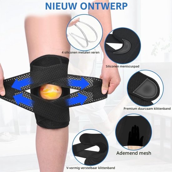 Verstelbare Kniebandage met Zijsteun en Siliconen Pads voor Sport en Kniepijn, Ondersteuning voor Rotula en Ligamenten