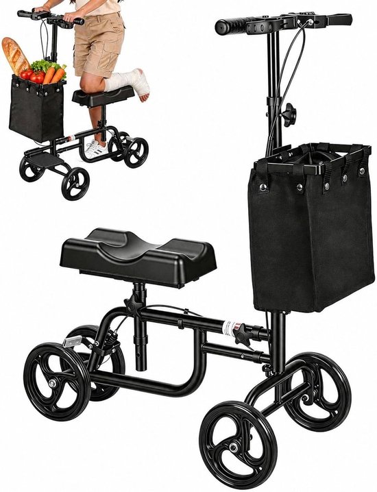 Verstelbare kniestep voor senioren, opvouwbaar met opbergtas, schokdemping en accessoires voor extra comfort en ondersteuning