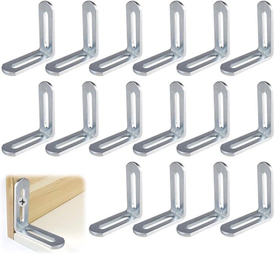 Verstelbare L-vormige hoeksteunen 16 stuks, 90 graden metalen hoeken voor meubels, tafels, kasten en boekenplanken, 49 x 49 x 18 mm