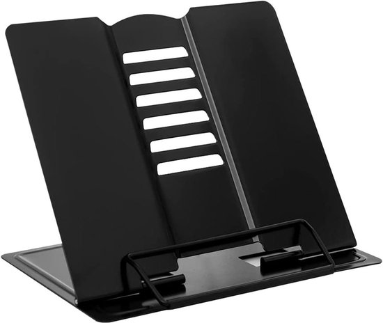 Verstelbare metalen boekenstandaard voor kookboeken, leesboeken en tablets - Lichtgewicht en draagbaar documenthouder voor recepten en muziekboeken (Zwart)