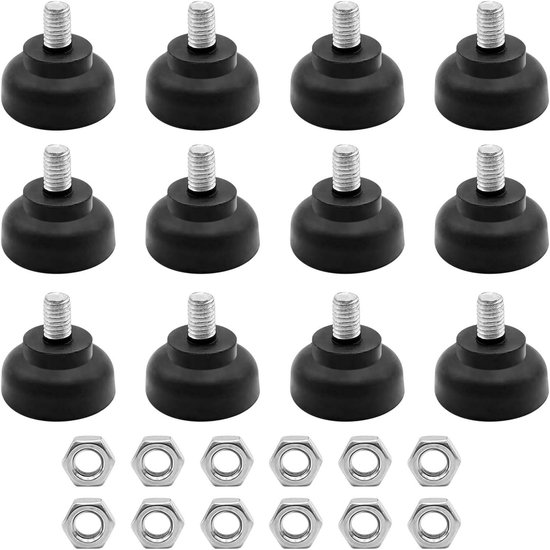 Verstelbare Meubelpoten, Ronde Meubelpoten M8 x 35 mm, Rubber Voeten met Schroeven, Antislip en Schokbestendig, Geschikt voor Meubels en Apparatuur, Zwart (12)