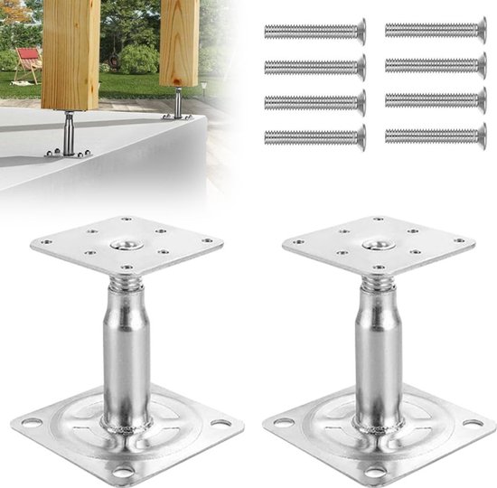 Verstelbare paalsteunen, hoogte 100-130 mm, 2 stuks, inclusief 8 verzinkte schroeven, ideale ondersteuning voor tuinconstructies