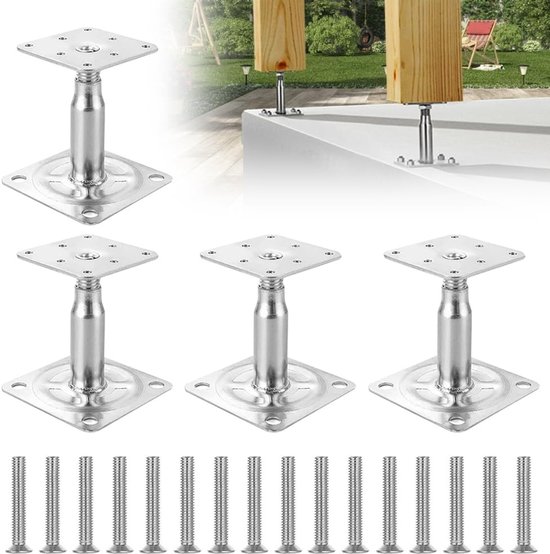 Verstelbare paalsteunen, hoogte 100-130 mm, 4 stuks, inclusief 16 verzinkte schroeven voor stevige bevestiging