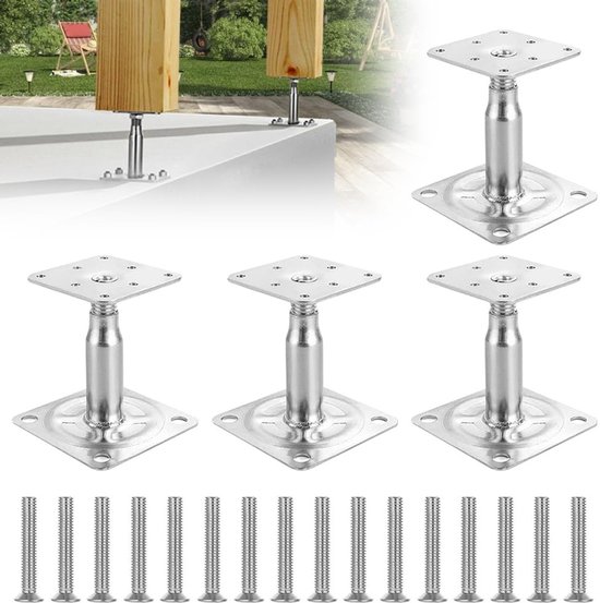 Verstelbare paalsteunen met 16 gegalvaniseerde schroeven, hoogte 100-130 mm, set van 4 voor stevige bevestiging en optimale ondersteuning