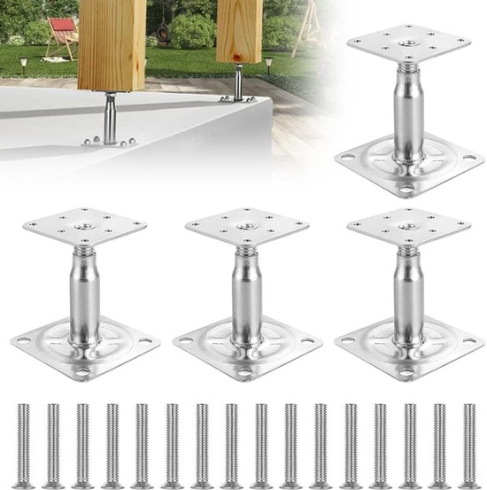Verstelbare paalsteunen voor buiten, hoogte 100-130 mm, 4 stuks met 16 verzinkte schroeven, stevige basis voor eenvoudige installatie