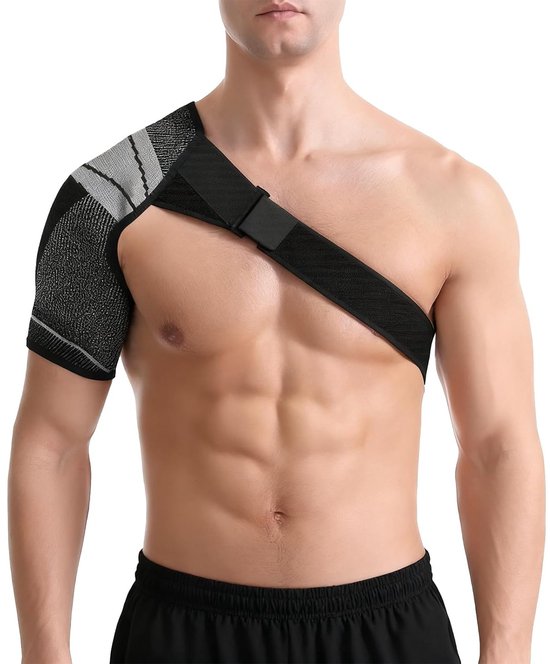 Verstelbare Schouderband voor Ondersteuning van de Rotator Cuff, Unisex Zwarte Compressiekous voor Blessurepreventie en Pijnverlichting tijdens Sportactiviteiten, Geschikt voor Links/Rechts
