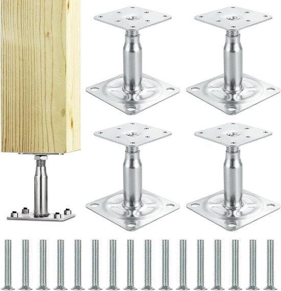 Verstelbare Set van 4 Steunpalen voor Schutting, Gegalvaniseerd, Geschikt voor 100-150 mm Palen met 16 Schroeven