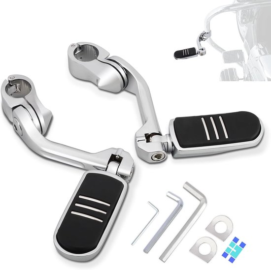Verstelbare Voetsteunen voor Motorrijden met Lange Hoekmontage, Universeel voor Harley, Honda, Kawasaki, Suzuki, Yamaha, Indian en Victory, Geschikt voor 1-1/4" Motorbeveiliging en Crash Bar