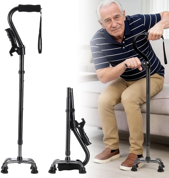 Verstelbare Vouwbare Loopstok voor Senioren met Dubbele Handgrepen, Lichtgewicht en Ergonomisch Ontwerp, Stabiliteit en Comfort