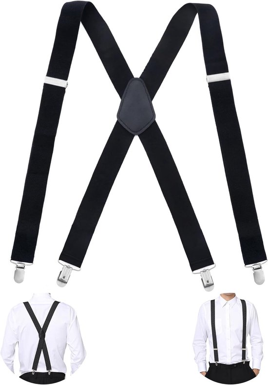 Verstelbare Zwarte X-Vormige Mannen Banden van 3.5 cm Breed met 4 Sterke Metalen Clips en Elastisch Ontwerp voor Comfort en Stijl