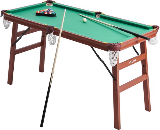 VEVOR Opvouwbare Pooltafel 140cm Draagbare Pooltafels, Opvouwbaar, Ruimtebesparende Entertainmentspelset, Inclusief Bal/keu/ Rek/ Krijt/ Borstel, Bruin met Groen Laken van Merkloos