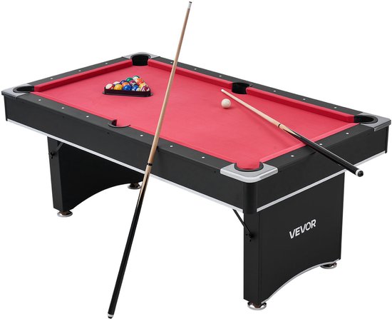 VEVOR Pooltafel 183cm Moderne Speeltafel met Verstelbare Poten, Complete Set Inclusief Ballen / Keuen / Standaard / Krijt / Borstel, voor Speelkamer Recreatiekamers Zwart met Rood Laken van Merkloos
