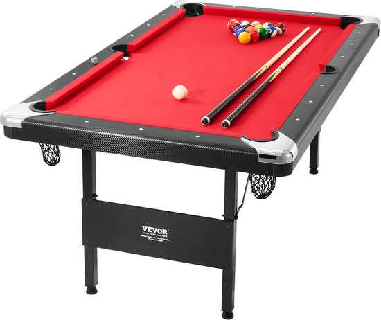VEVOR Pooltafel, 1,9m Pooltafel, Draagbare en Opvouwbare Tafel, Pooltafelset Inclusief Ballen, Keuen, Krijt, Zwart met Rode Doek, Perfect voor Familiespeelkamer, Kinderen en Volwassenen van VEVOR