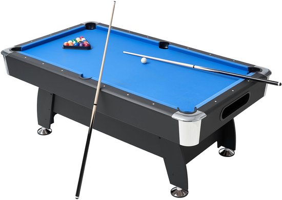 VEVOR Pooltafel 213cm Moderne Speeltafel met Verstelbare Poten, Complete Set Inclusief Ballen / Keuen / Standaard / Krijt / Borstel, voor Speelkamer/recreatieruimtes Zwart Met Blauw Kleed van Merkloos