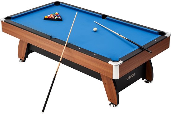 VEVOR Pooltafel 244cm met Houten Blad, Moderne Speeltafel met Verstelbare Poten, Complete Set Inclusief Ballen / Keuen / Standaard / Krijt / Borstel, Blauw van Merkloos