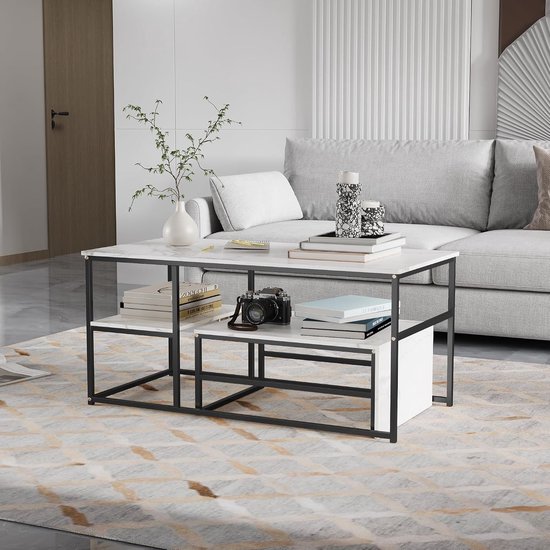 Vierkant, set van 2, moderne nesting-koffietafel, bijzettafel, woonkamertafel, bijzettafel, marmerlook met metalen frame en plank, voor slaapkamer, balkon (zwart-082)