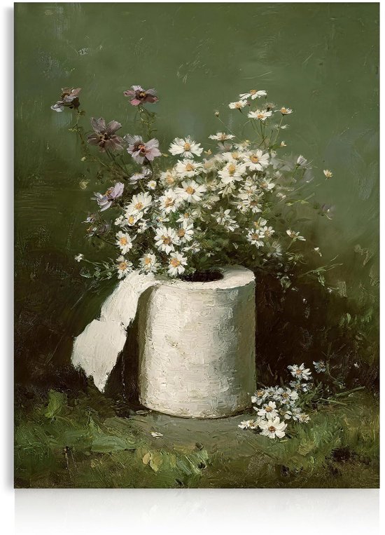 Vintage Madeliefjes Canvas Print, Stemmige Bloemen Toiletpapier Wandkunst voor Badkamer Toilet Decor 30x40 cm Niet Ingelijst